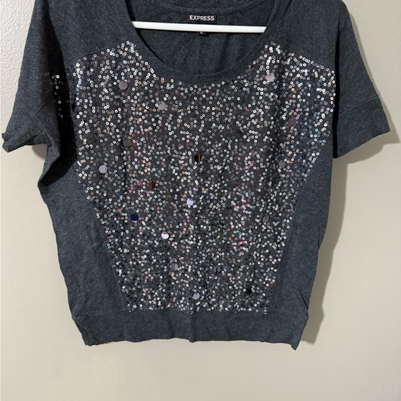 Express Gray Sequin Short Sleeve T-Shirt - Picture 1 of 6